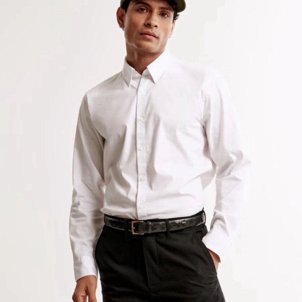 🤍👔 NWT Abercrombie & Fitch Stretch Poplin Button Down Shirt White Mens S